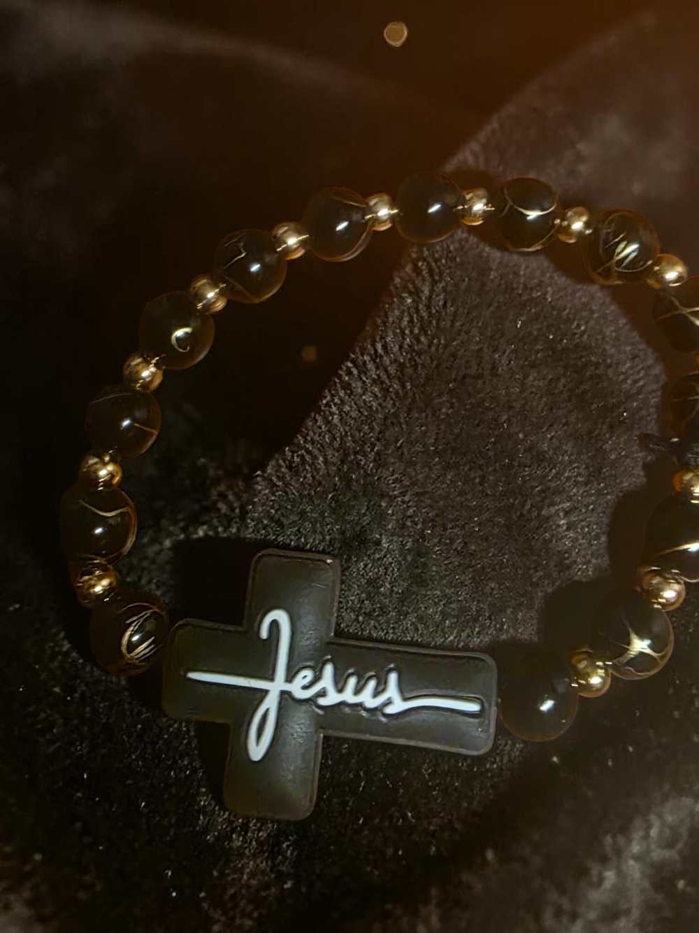 Jesus Cross Black Gold Beaded Stretch Bracelet